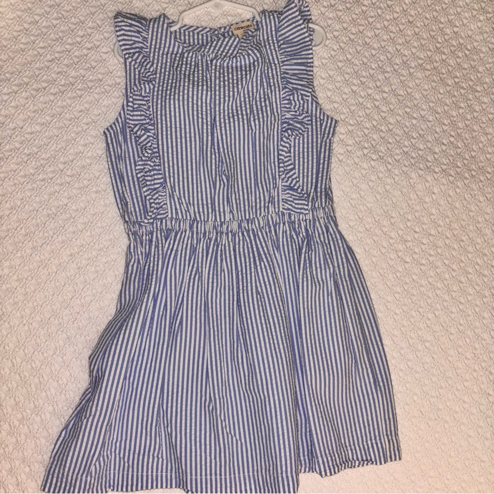 Crewcuts girl 7 blue and white striped cotton, seersucker ruffle dress preppy
